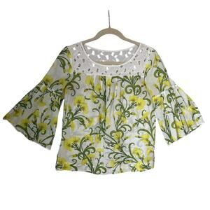 Anthropologie HD IN‎ PARIS Sz 4 White & Yellow Daffodils Floral Top Bell Sleeve